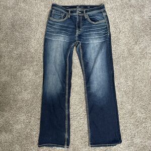 BKE Mens Jake Bootcut Dark Wash Super Stretch Embroidered Pocket Jeans in 32x30